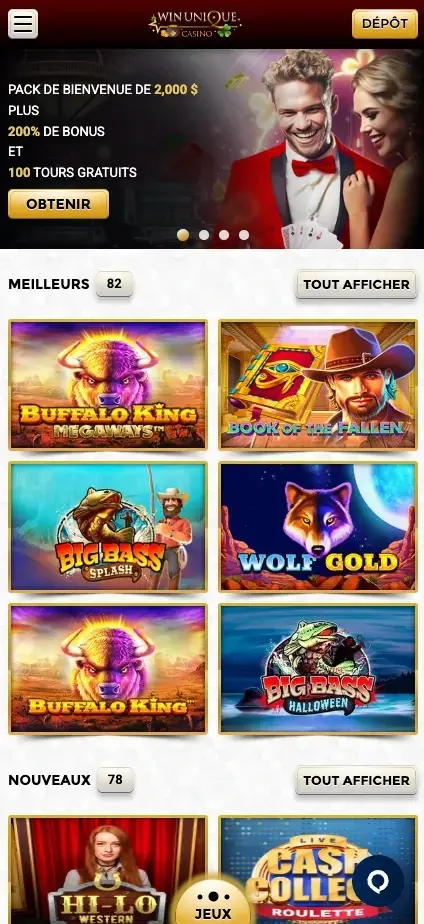 Interface mobile Unique Casino sur smartphone.